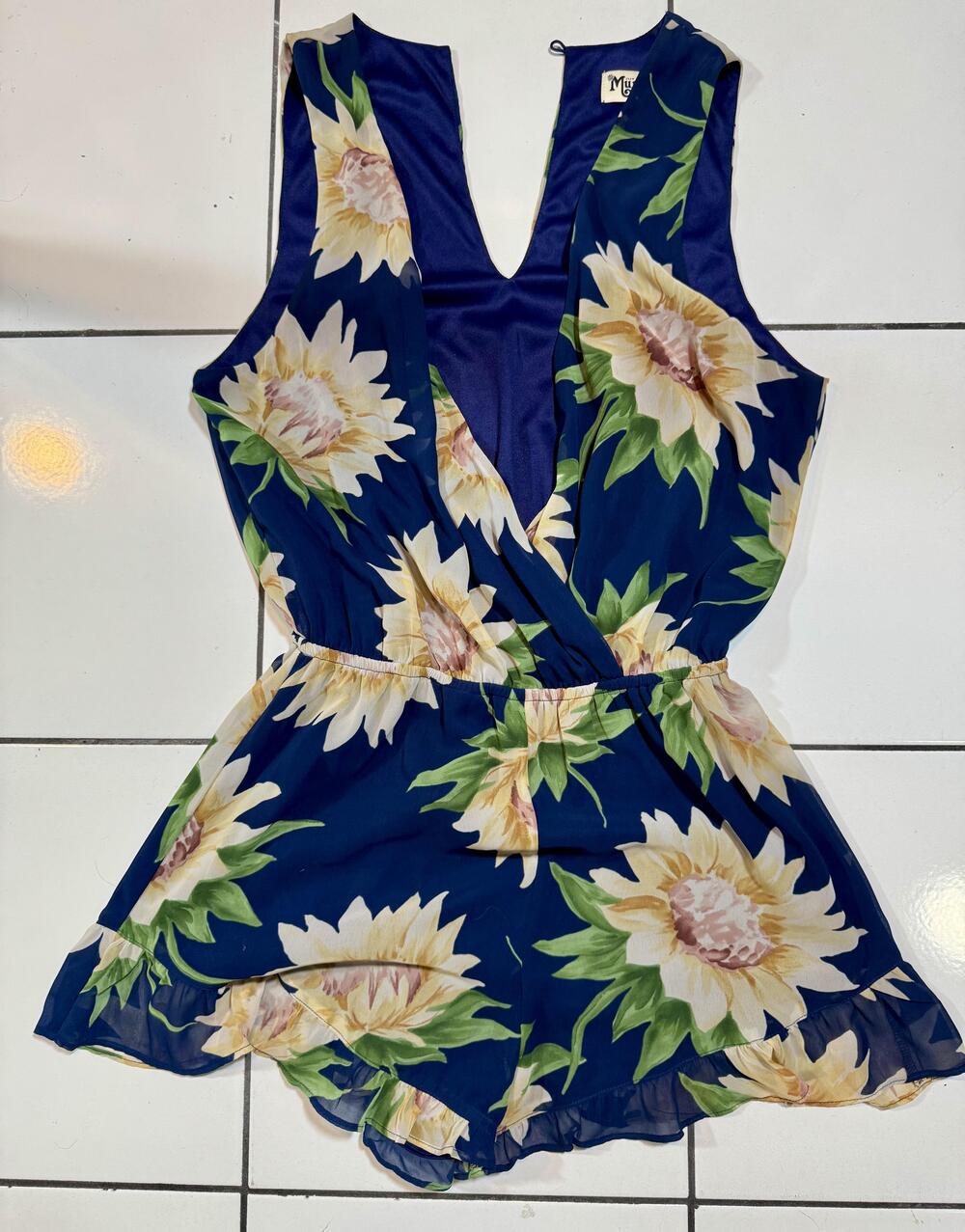 Show Me Your MuMu Romper Womens Large Blue Floral Wrap V Neck Chiffon Ruffle Hem